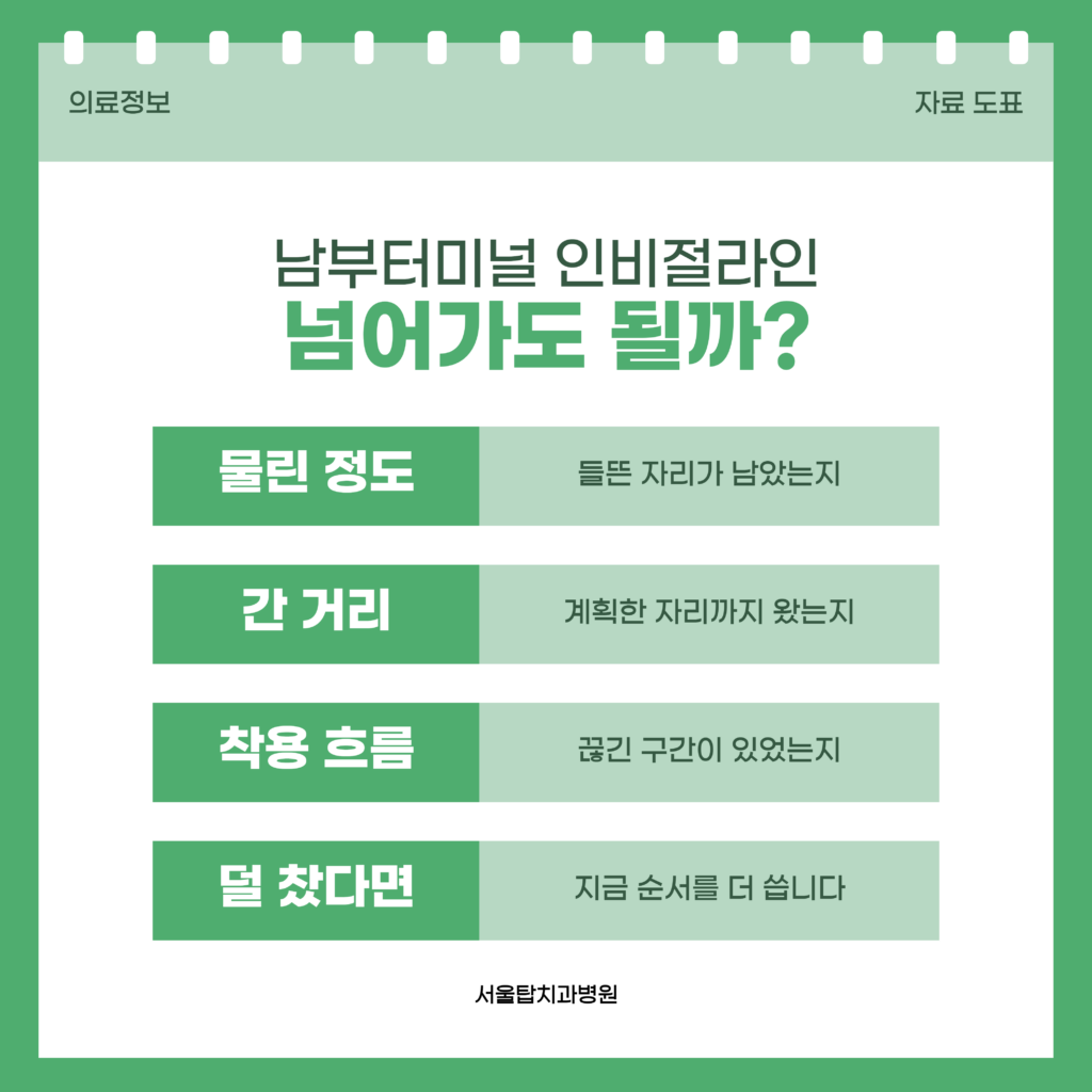 남부터미널 인비절라인에서 다음 단계로 넘어갈지를 가름하는 기준을 정리한 서울탑치과병원 자료 이미지