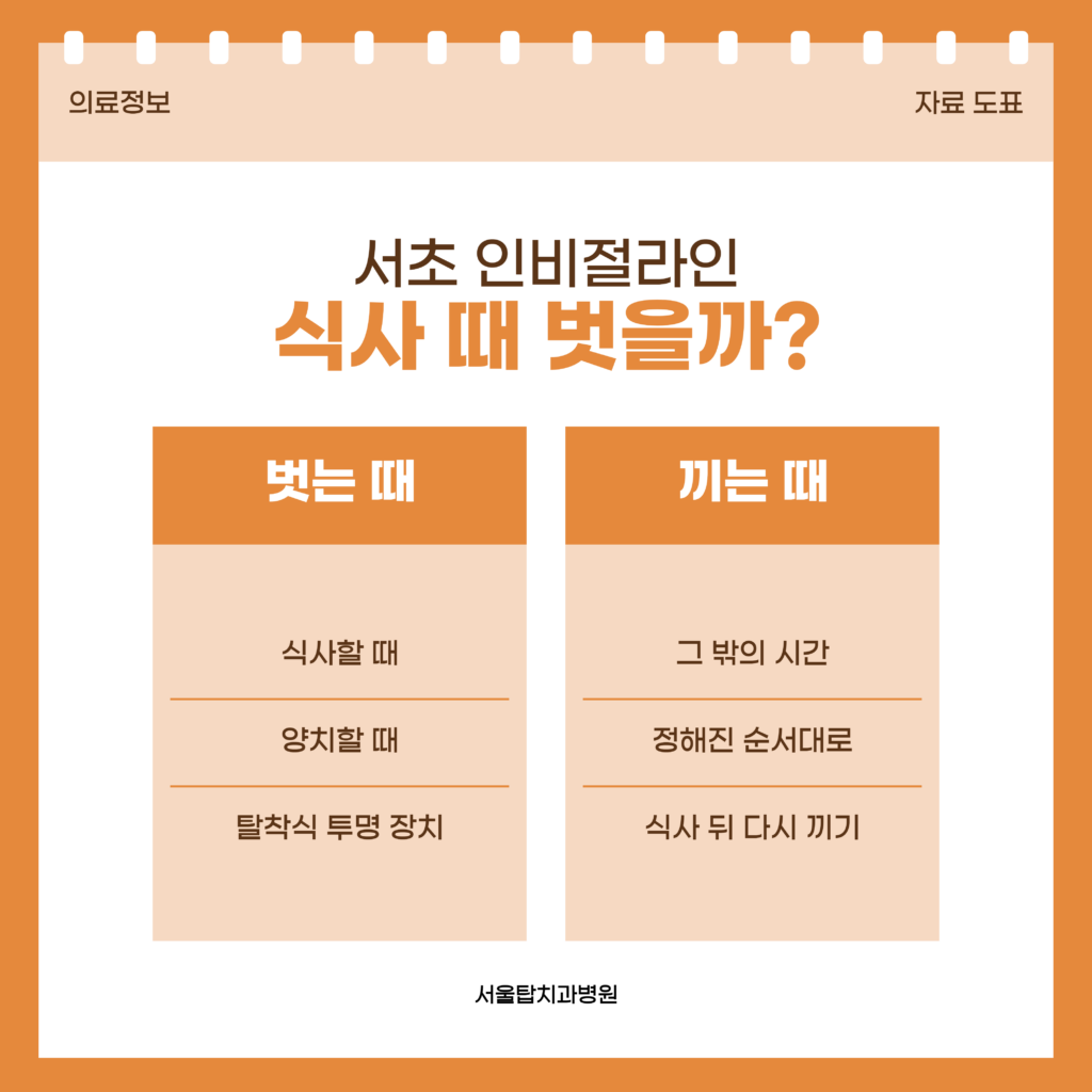 서초 인비절라인 식사와 양치 때 장치를 벗어 두는 시간과 다시 끼고 지내는 시간을 두 칸으로 정리한 서울탑치과병원 자료 도표